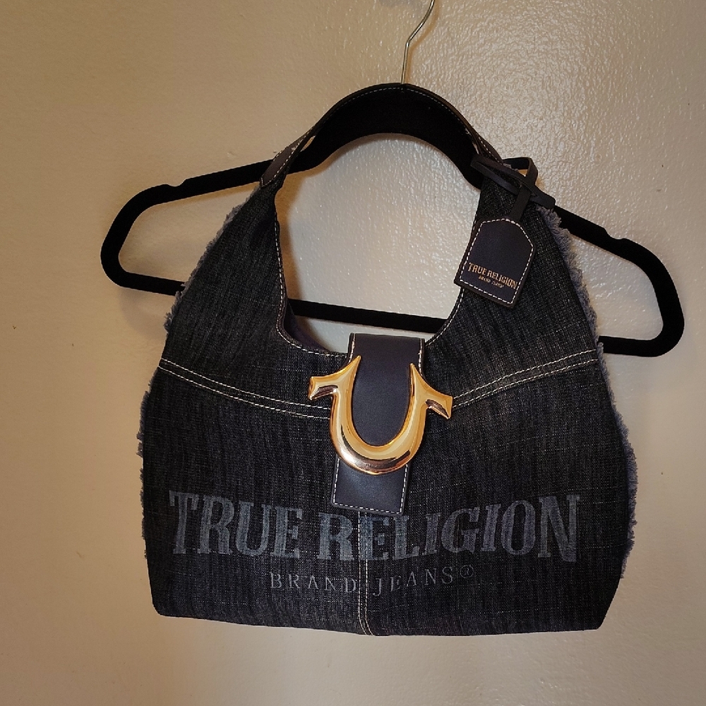 True Religion Dark Denim Shoulder Bag with Gold Accent